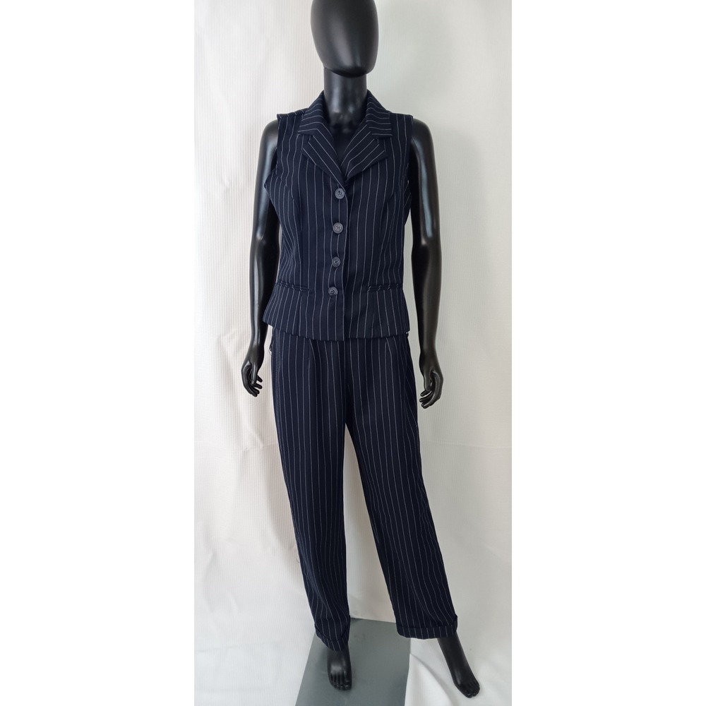 Vintage 1990s City Triangles Pinstripe Vest Pant Suit Set Blue White Size 12